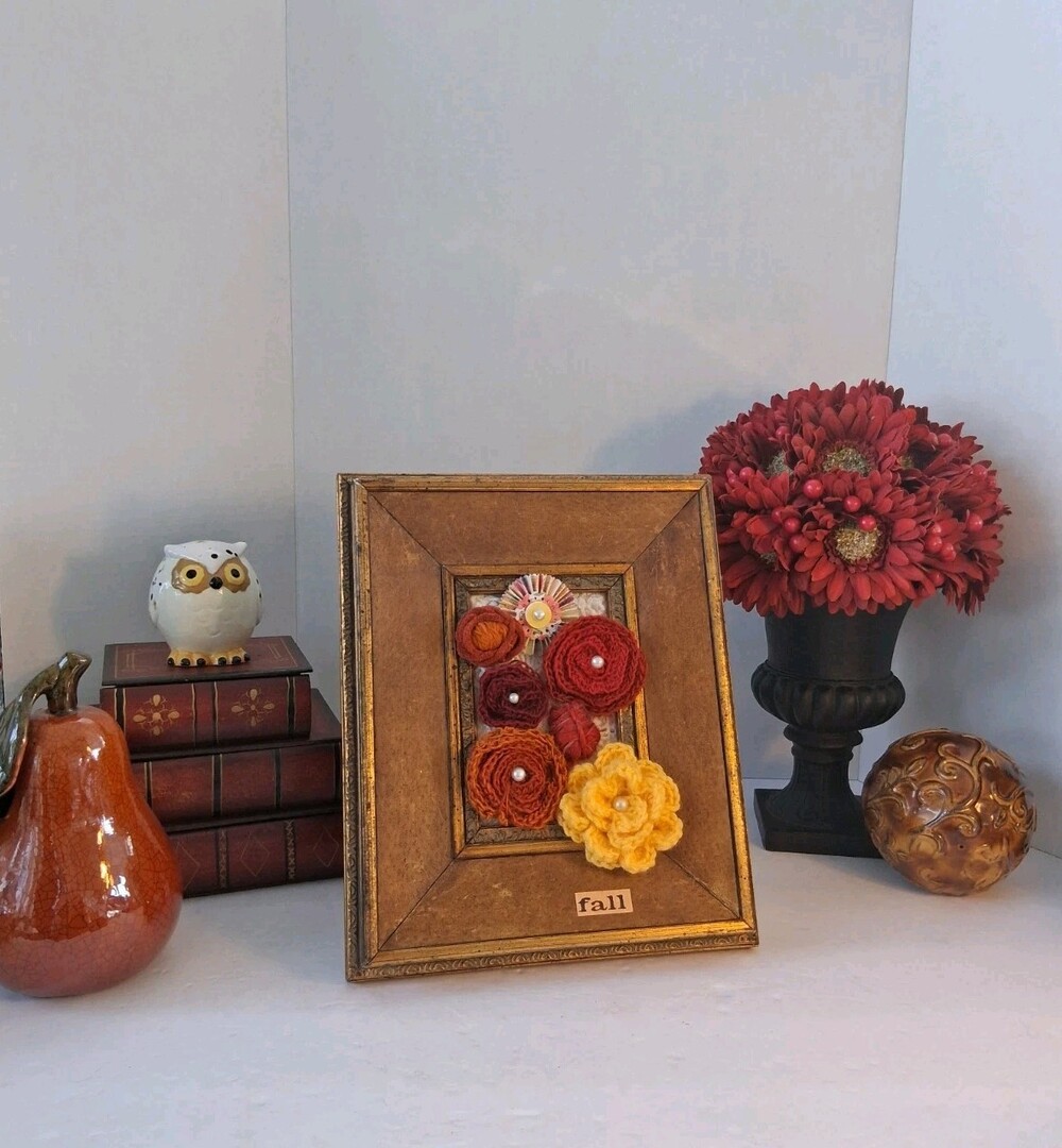 Handmade Crocheted FALL Floral Framed Wall Art; Autumn Decor; 9x11; Cottagecore
